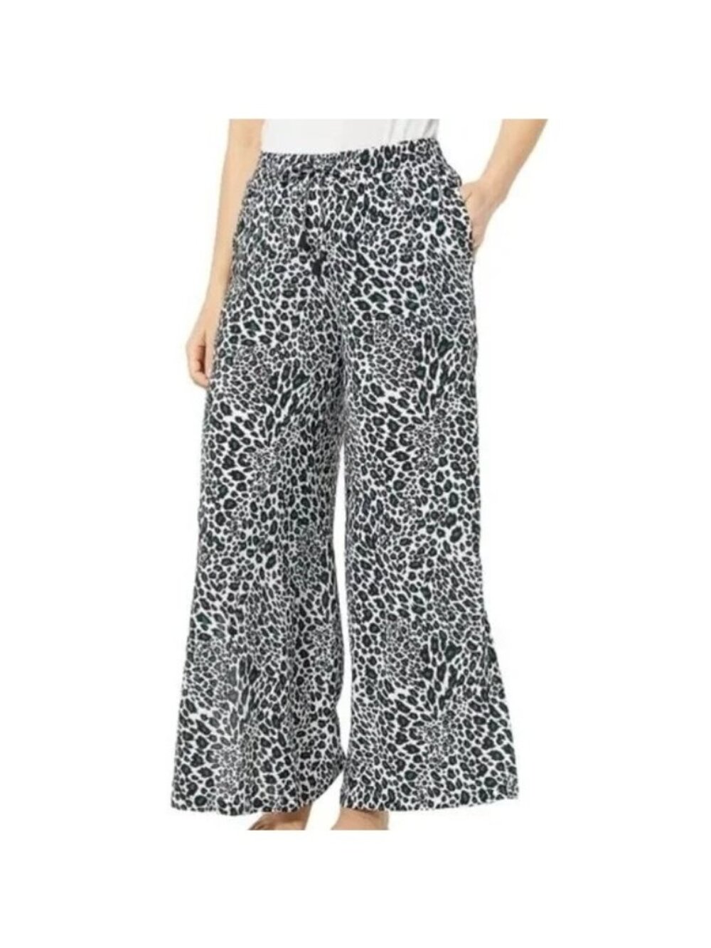 Jantzen Pants Large Woven Tie Waist Wide Leg Cover Up Leopard Black Green NEW